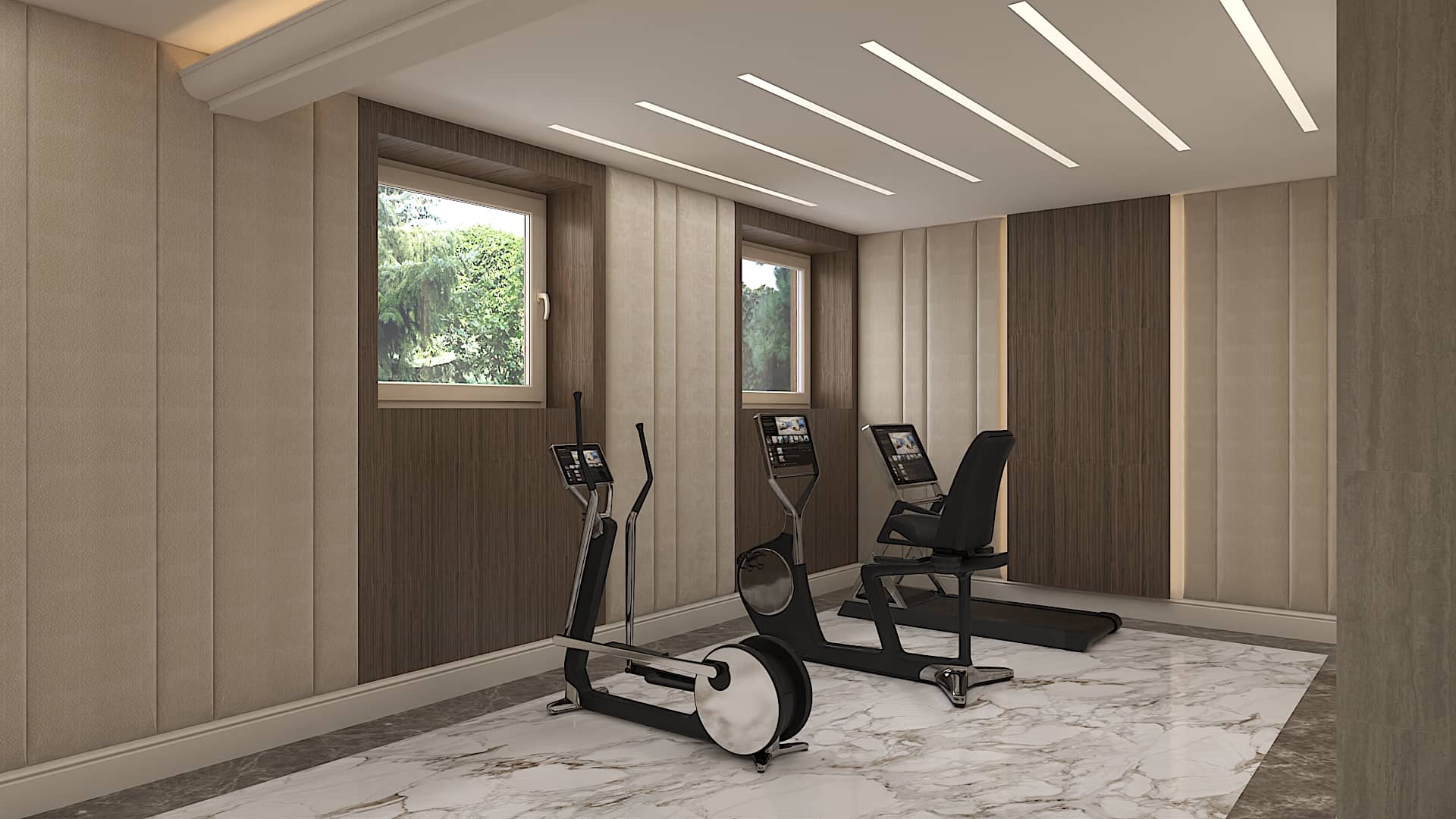 Basement waterproofing in Nice: modern fitness area after renovation